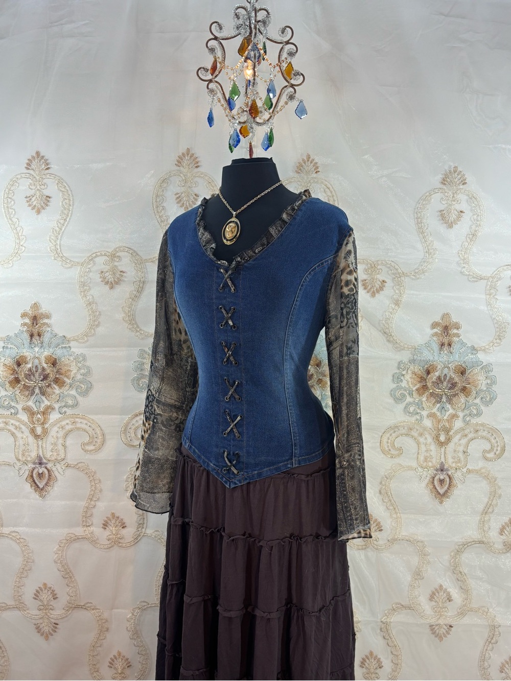 ✨Vintage Y2K Boho Bell Sleeve Lace up Denim Corset Top✨